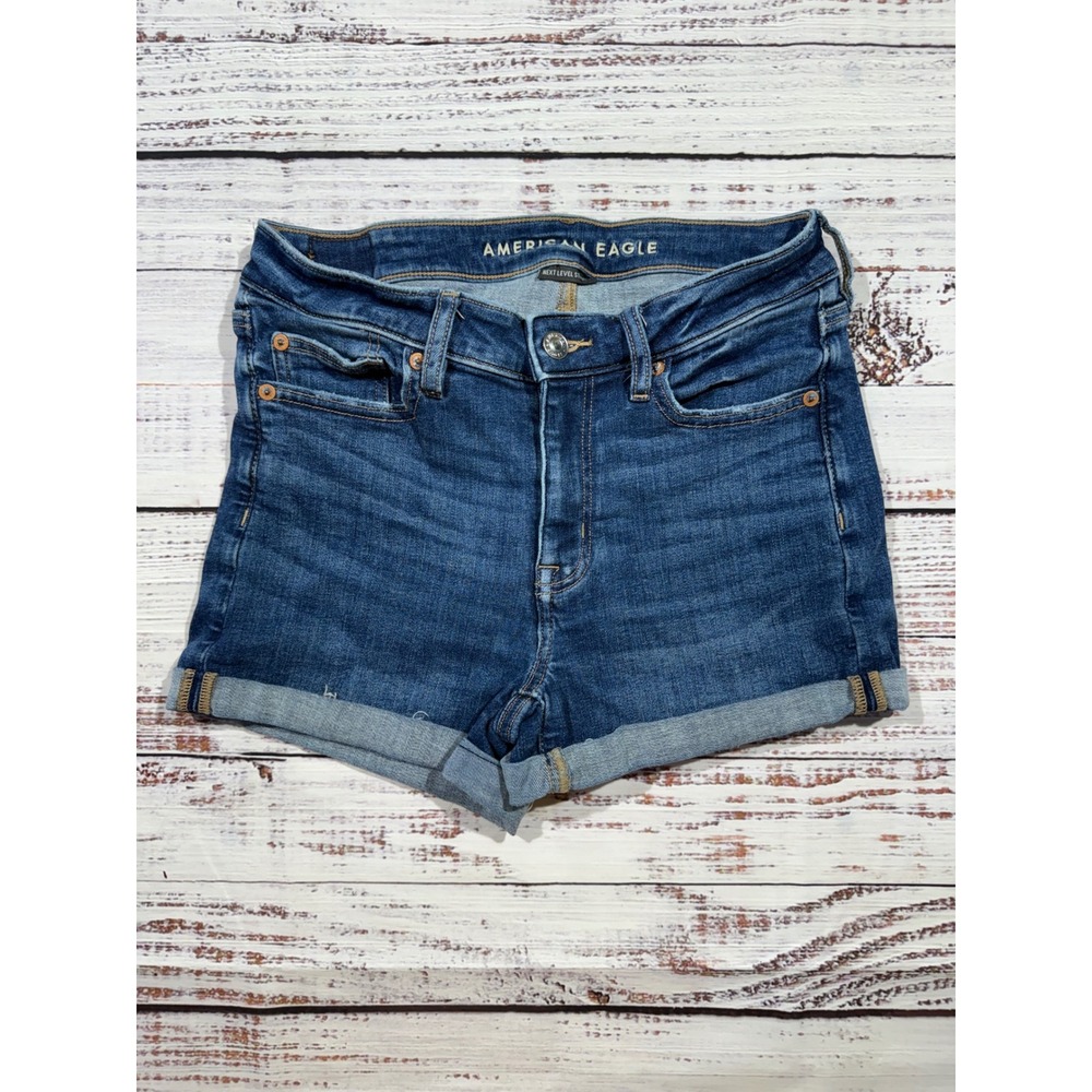 American Eagle Next Level Stretch High Waisted Cuffed Denim Shorts Dark Wash 4